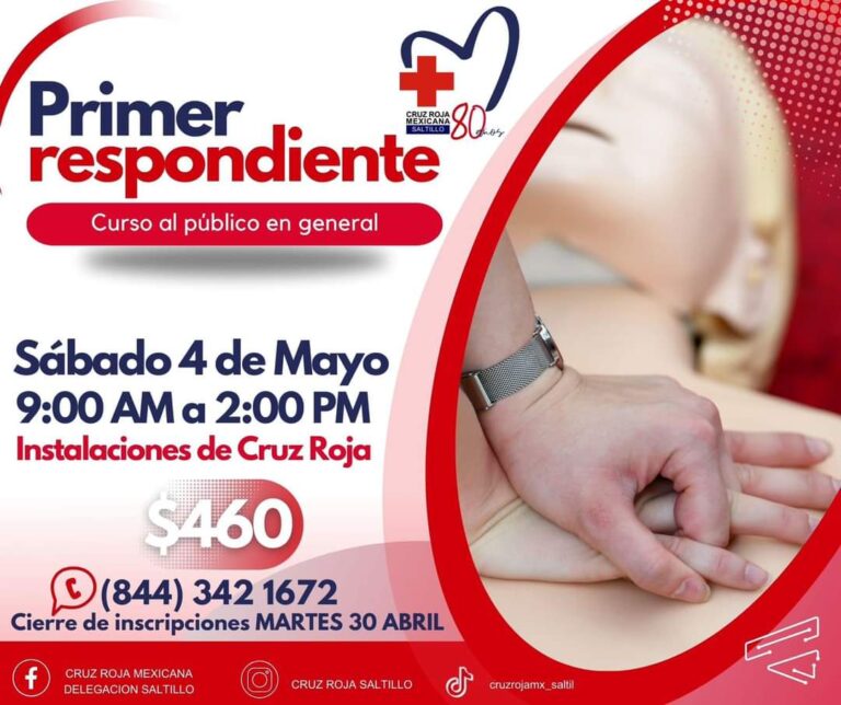 Impartirá la Cruz Roja Saltillo curso de Primer Respondiente este 4 de mayo