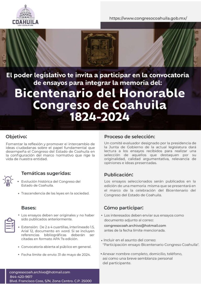 Invitan a participar con ensayo en el marco del Bicentenario del Congreso de Coahuila