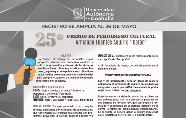 Se extiende al 26 de mayo el registro para participar en el Premio de Periodismo Cultural UA de C