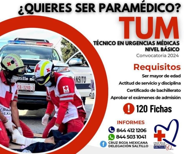 Cruz Roja Saltillo abre convocatoria para curso de Técnico en Urgencias Médicas Nivel Básico 2024