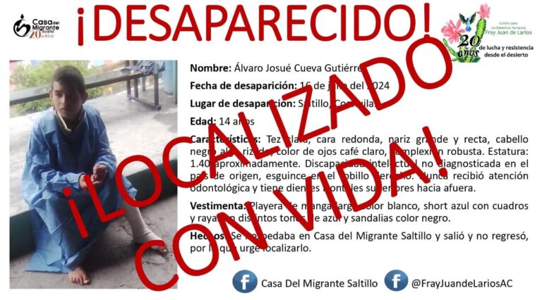 Localizan en San Luis Potosí a adolescente migrante con reporte de desaparición en Saltillo