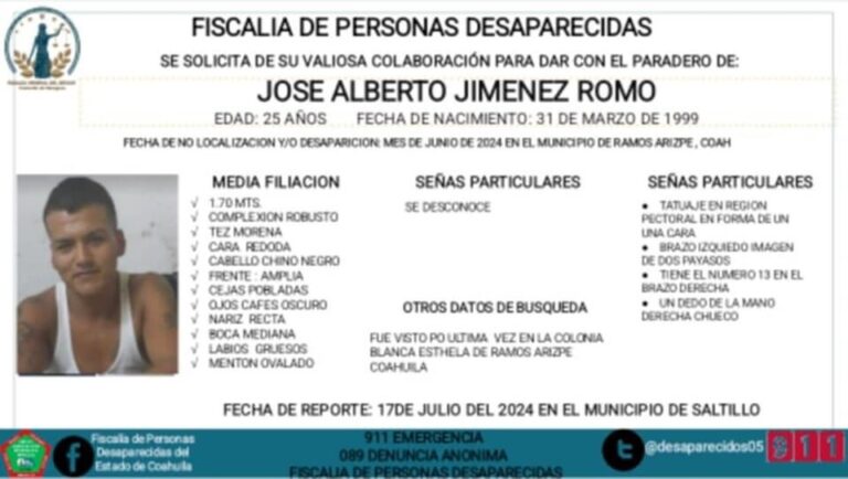 Activan protocolo de búsqueda en Ramos Arizpe para localizar a José Alberto Jiménez Romo 