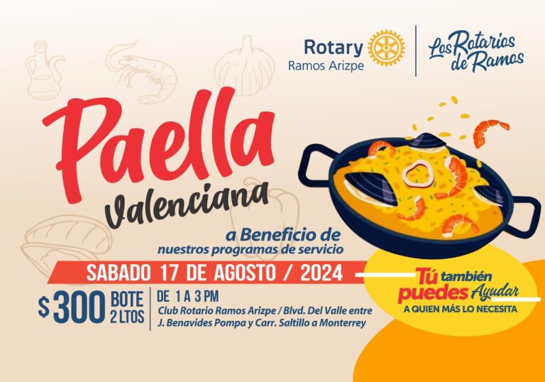 Invita Rotarios de Ramos Arizpe a su venta de paella a beneficio de programas de servicio 