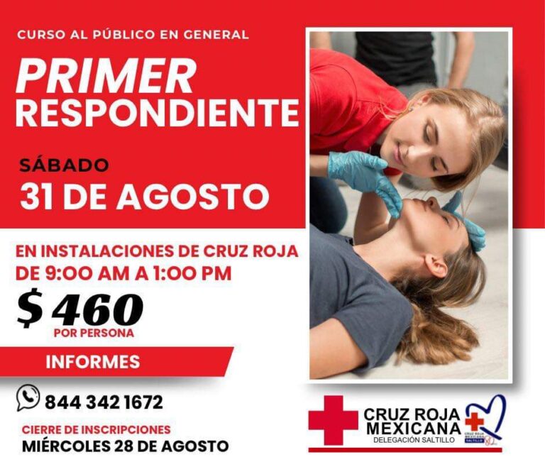 Invita Cruz Roja Saltillo a su curso de Primer Respondiente este 31 de agosto