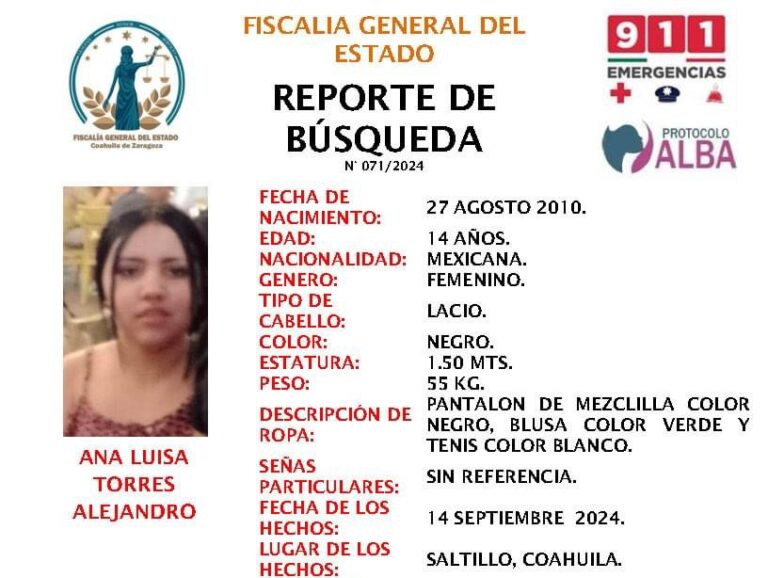 Buscan a menor desaparecida en la colonia Zaragoza de Saltillo; activan protocolo Alba 