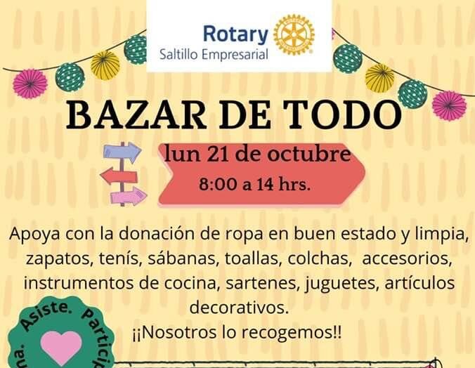 Rotarios de Saltillo Empresarial convocan a participar en la donación de artículos para el “Bazar de Todo”