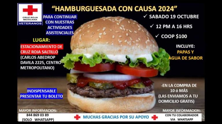 Realizará Cruz Roja Saltillo este sábado “hamburguesada” con causa