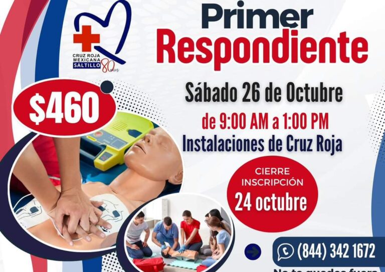 Impartirá Cruz Roja Saltillo curso de Primer Respondiente este 26 de octubre