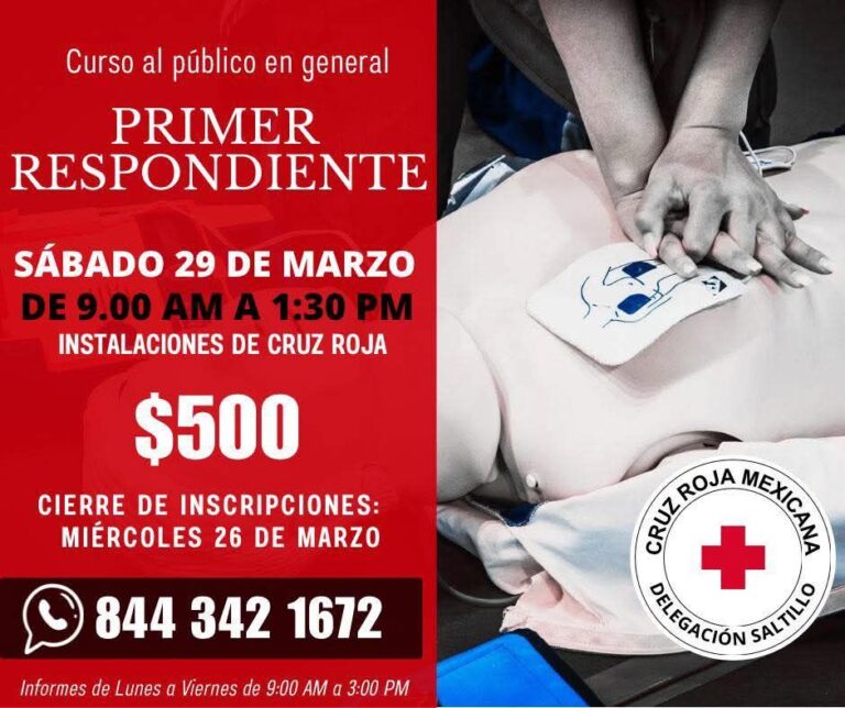 Invita Cruz Roja Saltillo a su curso de Primer Respondiente este 29 de marzo