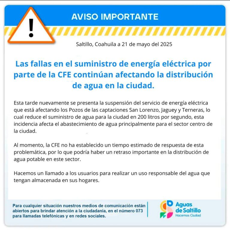 Vuelve CFE a dejar sin agua a Saltillo