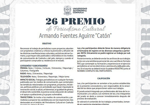 Abierta la convocatoria de la UA de C para participar en la Edición 26 del Premio de Periodismo Cultural Armando Fuentes Aguirre “Catón”