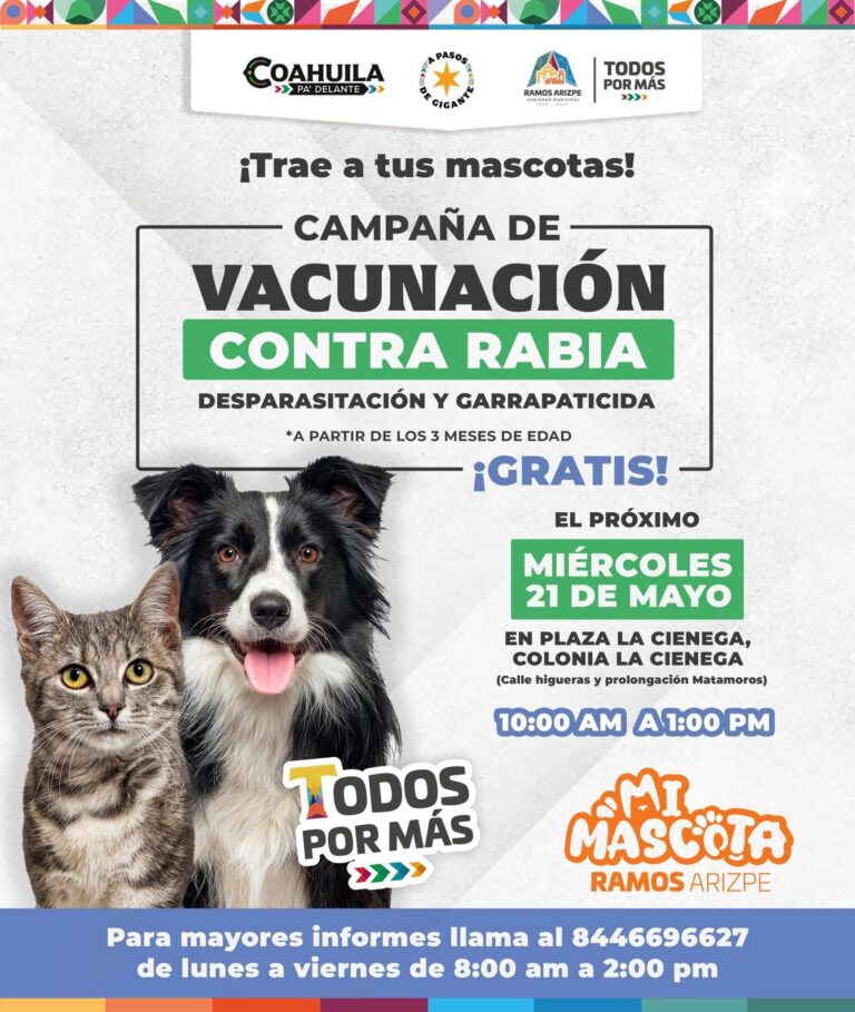 Realizarán campaña gratuita de vacunación y desparasitación para mascotas en Ramos Arizpe