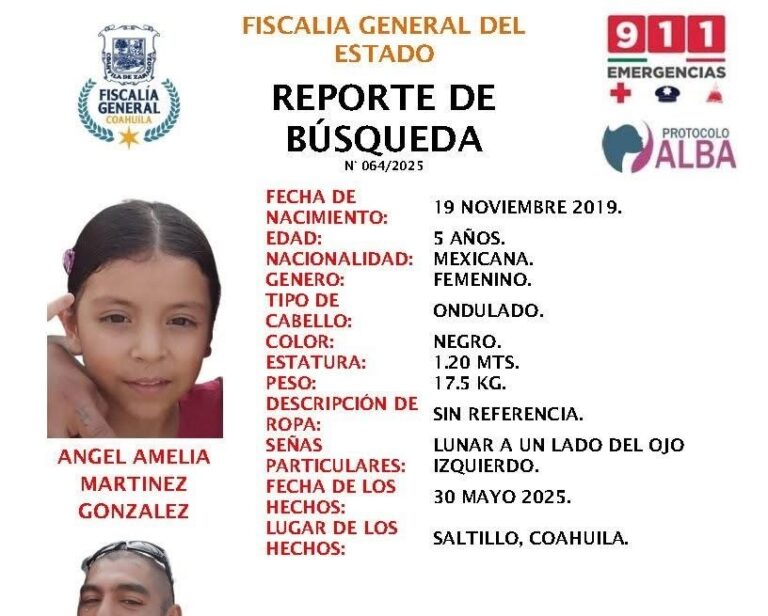 Buscan a menor desaparecida en Saltillo, iba acompañada con su padre; activan Protocolo Alba