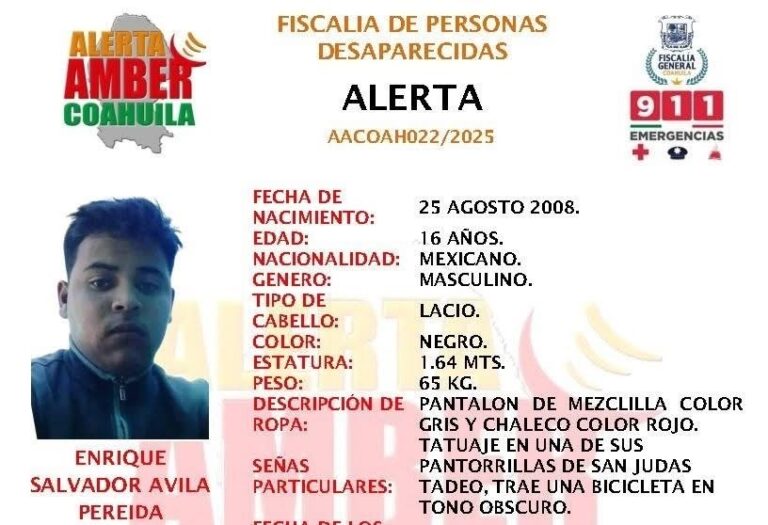 Autoridades activan alerta Amber en Saltillo por desaparición de menor; piden apoyo de la ciudadanía
