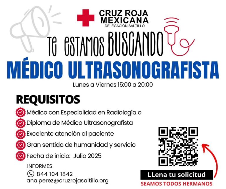 Cruz Roja Saltillo lanza convocatoria para Médico Ultrasonografista