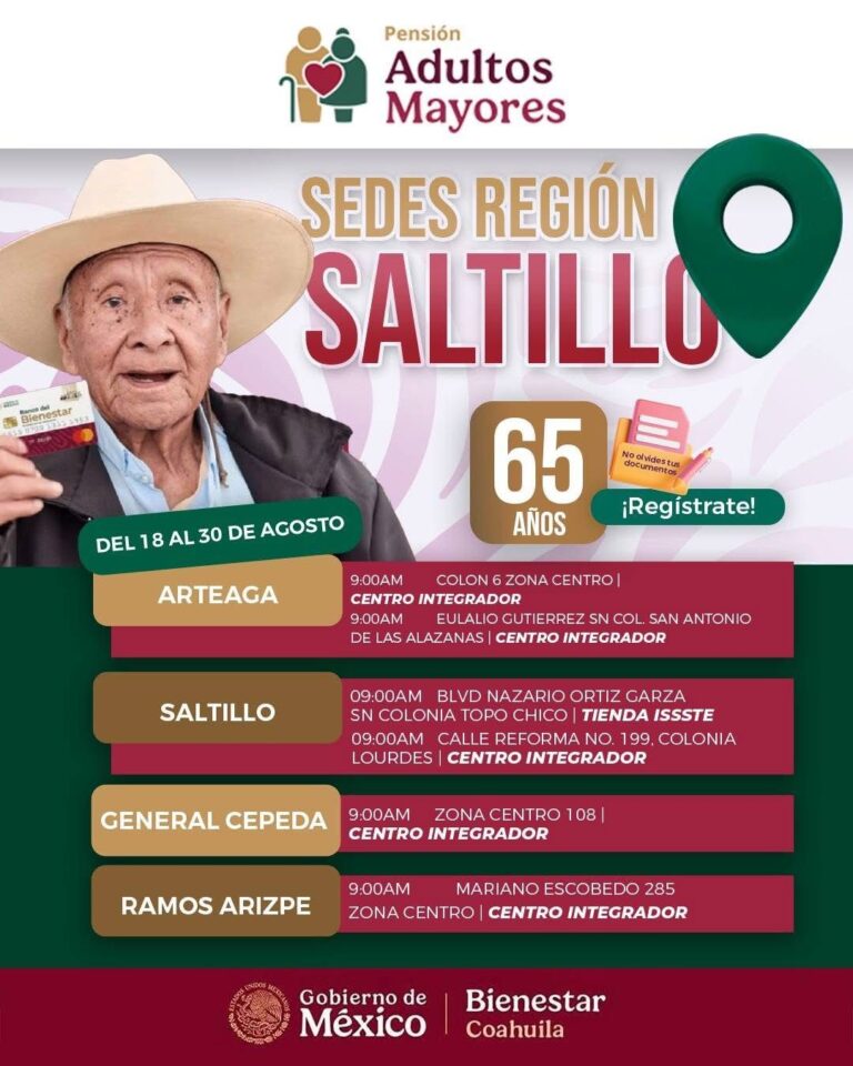 Abren registro en Coahuila para la Pensión de Adulto Mayor de 65 años y más