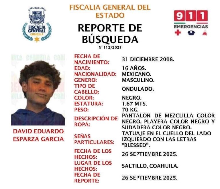 Desaparece joven estudiante en Saltillo; Fiscalía solicita apoyo para encontrarlo