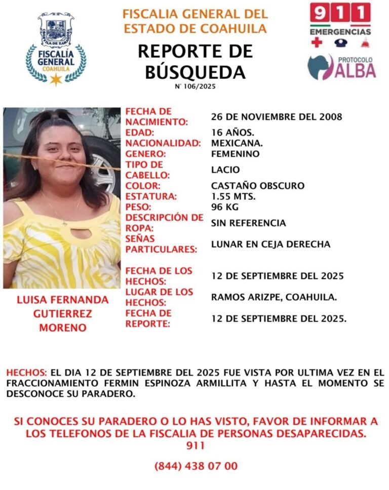 Buscan a jovencita de 16 años desaparecida en Ramos Arizpe