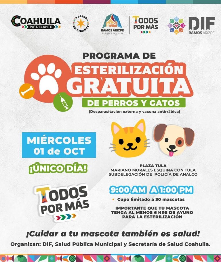 Este 1 de octubre, campaña de esterilización y vacunación antirrábica en Plaza Tula de Ramos Arizpe