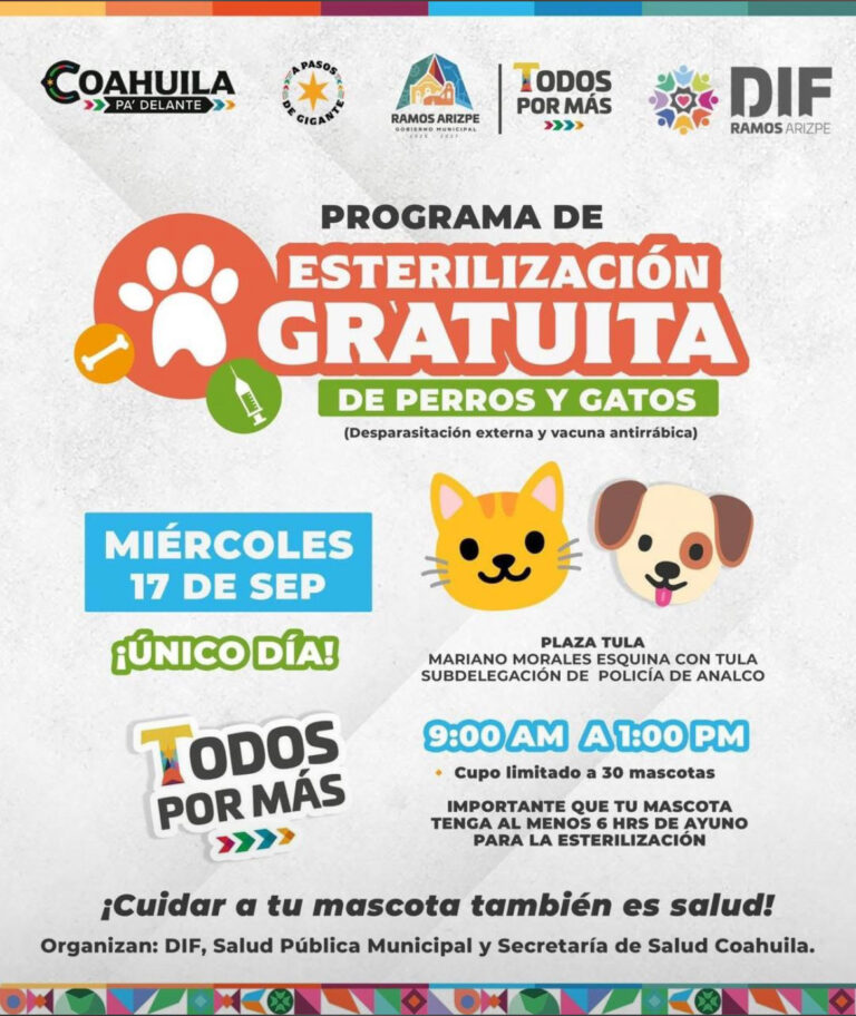 Esterilización, vacunas y desparasitación sin costo para mascotas este 17 de septiembre en Ramos Arizpe