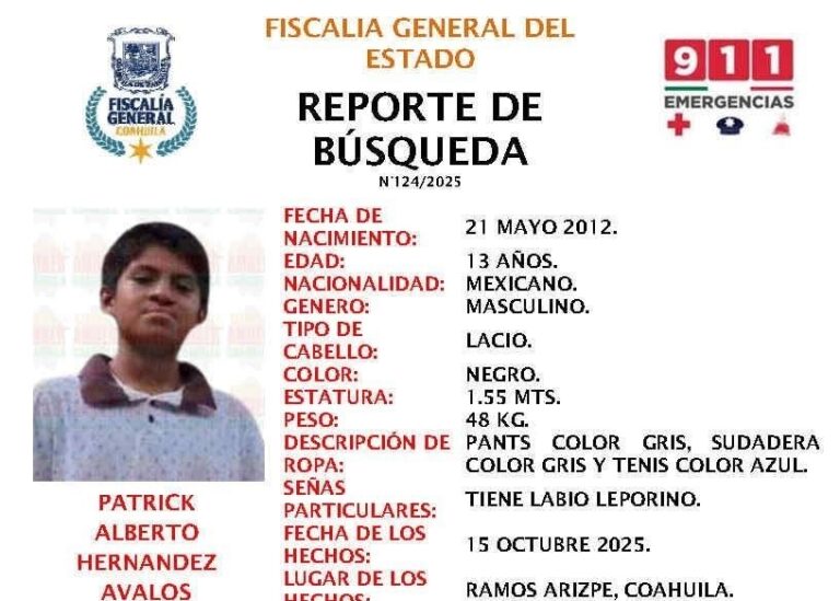 Autoridades solicitan apoyo ciudadano para localizar a menor desaparecido en Ramos Arizpe