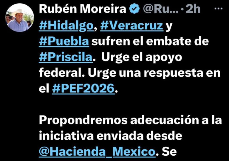 Urge Rubén Moreira atender desastre en Hidalgo, Veracruz y Puebla; pedirá adecuaciones al PEF 2026