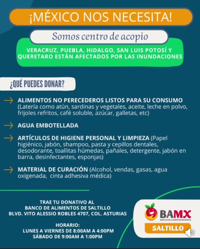 Abre Banco de Alimentos de Saltillo centro de acopio para apoyar a afectados por lluvias en varios estados