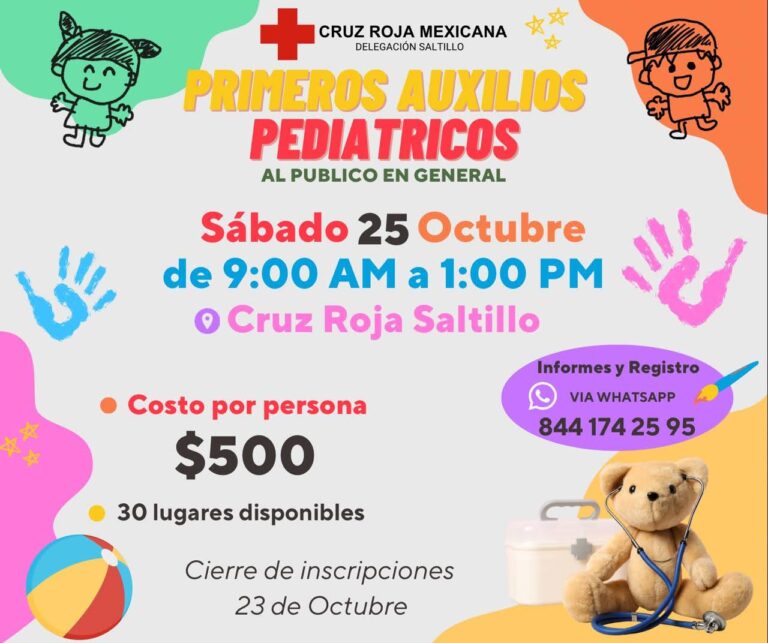 Impartirá Cruz Roja Saltillo curso de primeros auxilios pediátricos este 25 de octubre