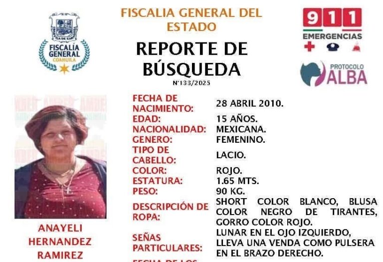 Continúa la búsqueda de Anayeli, adolescente desaparecida en Ramos Arizpe