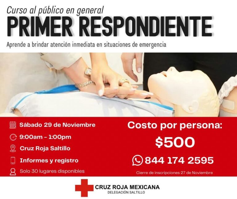 Invita Cruz Roja Saltillo a su curso de Primer Respondiente este 29 de noviembre