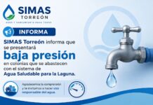 SIMAS Torreón informa que se presentará baja presión en colonias que se abastecen con el sistema de Agua Saludable para la Laguna