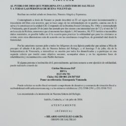 Convoca Diócesis de Saltillo a colecta para apoyar a damnificados en Venezuela