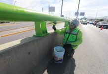 Incrementa Javier Díaz seguridad vial: pinta barandales en El Sarape