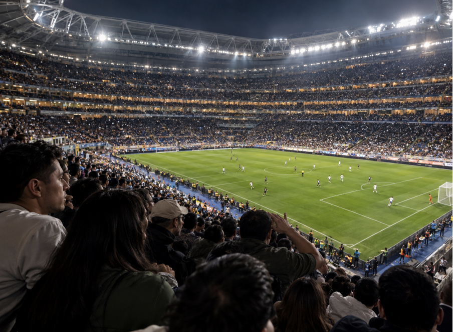 Partido de fútbol en un gran estadio lleno visto desde las gradas.